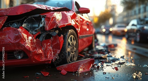 Damaged red car with severe front-end collision and shattered glass on city street at sunset
