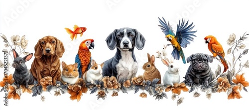 A group of various animals including dogs, rabbits, parrots, a goldfish, and hamsters sitting among orange and beige flowers on a white background, conveying harmony and diversity