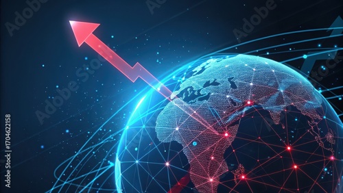 Futuristic global business growth concept with a glowing upward arrow and holographic globe, symbolizing digital innovation, connectivity, and success.