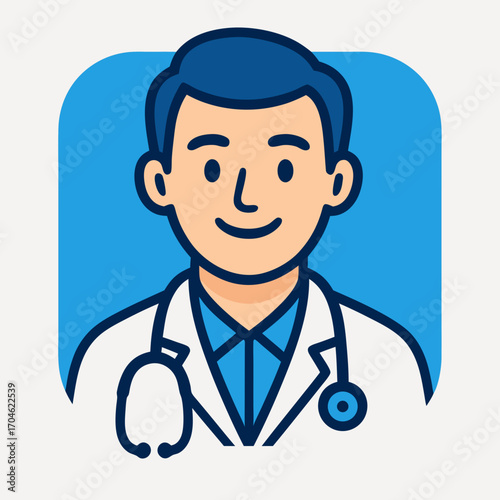 Vector flat design of a smiling doctor character wearing stethoscope representing healthcare professional 
