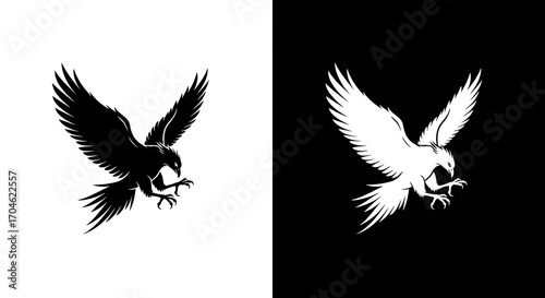 A striking black and white silhouette of a predatory bird emblem, depicting a powerful eagle or hawk with wings spread in an aggressive pose, perfect for a logo or graphic design