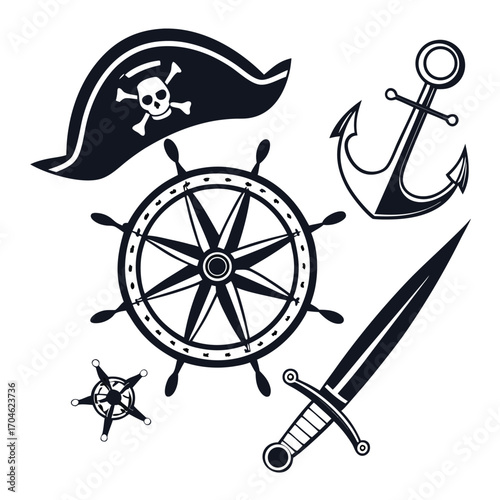 Nautical Pirate Collection With Skull Hat Anchor Compass Wheel And Sword crossbones
