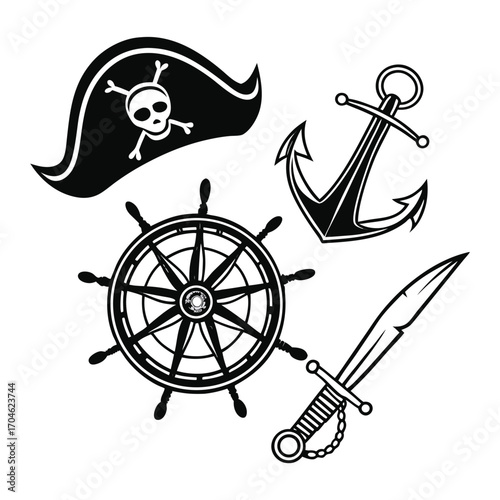 Nautical Pirate Symbols Including Pirate Hat Anchor Ship Wheel and Sword skull crossbones
