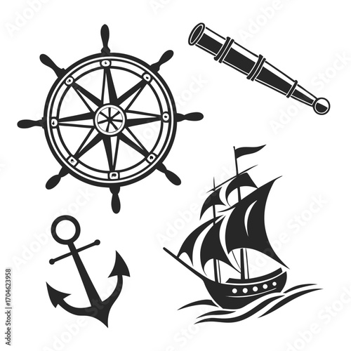 Nautical Voyage Symbols Including Ship Wheel Spyglass Anchor and Sailing Ship on White Background