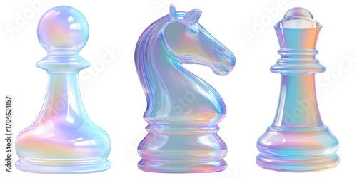 3D Glass Icon Set of Colorful Iridescent Chess Pieces Including Pawn, Knight, and Queen