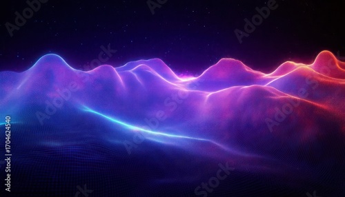 Colorful glowing neon waves forming a digital mountainous landscape under a starry night sky