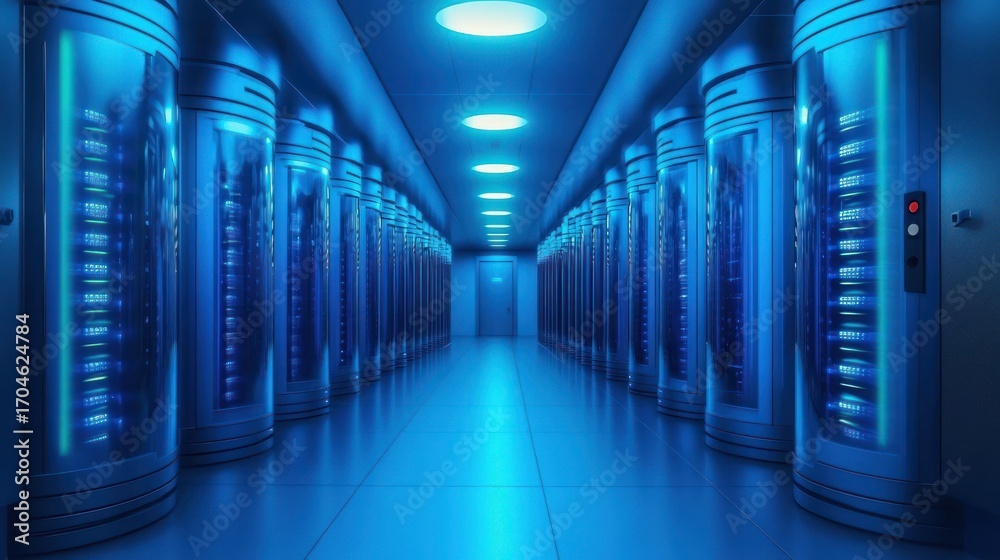 Fototapeta premium Long futuristic corridor lined with glowing blue cylindrical server units under bright circular ceiling lights, creating a high-tech and sleek atmosphere