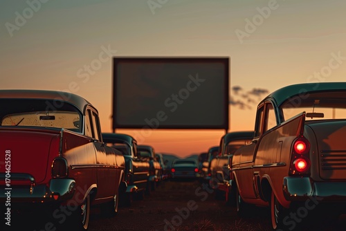 Multiple cars parked at outdoor drive-in theater during sunset. Nostalgic atmosphere evokes calm and serene feelings of nighttime relaxation.