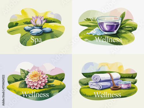 A serene collection of spa-related elements featuring flowers, wellness therapies, and soothing designs that illustrate the essence of relaxation and rejuvenation.