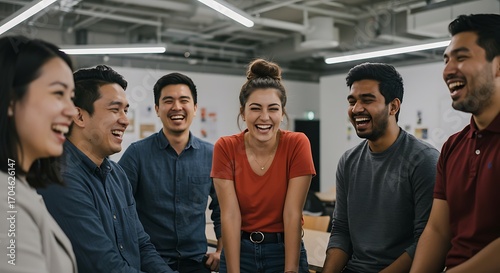 Diverse group of friends laughing together in a modern office setting.