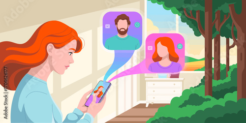 A woman interacts with friends via her smartphone, showcasing modern communication in a vibrant indoor setting, highlighting technology's role in connecting people.