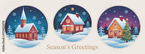 A picturesque winter scene with charming houses and a church, perfectly depicting the festive spirit of the holiday season in a snowy landscape.