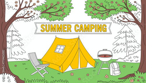 A vibrant summer camping scene featuring a yellow tent, grill, and chair set amidst blossoming trees, perfect for evoking a sense of adventure and outdoor fun.