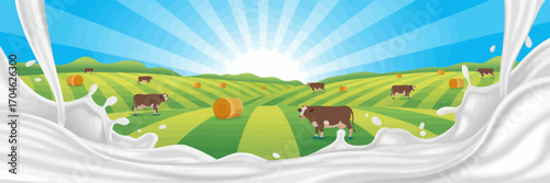 A vibrant illustration emphasizing milk production, showcasing cows in lush fields with a bright sun and hay bales, representing the essence of dairy farming.