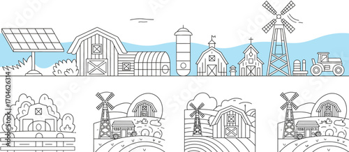 These stylish illustrations depict various farm buildings, silos, and landscapes, perfect for conveying rural life and agricultural themes in educational contexts or wall art.