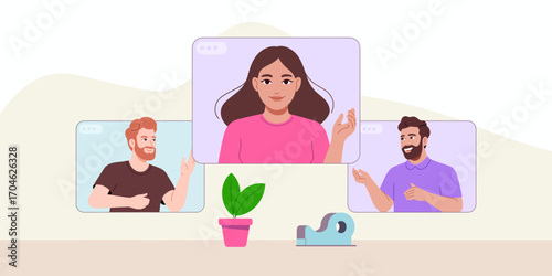 This image features three individuals engaged in a video call, emphasizing connection in a virtual environment with a houseplant at the forefront, symbolizing growth.