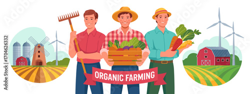 A colorful depiction of three farmers holding produce, set against an organic farm background with barns and windmills, celebrating the joy of sustainable agriculture.
