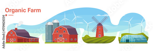 A vibrant depiction of an organic farm featuring red barns, wind turbines, and green fields, emphasizing renewable energy and sustainable farming practices.