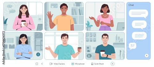 An illustration presenting a dynamic video call setup, showcasing participants actively engaging with one another, highlighting modern communication methods in work and social settings.