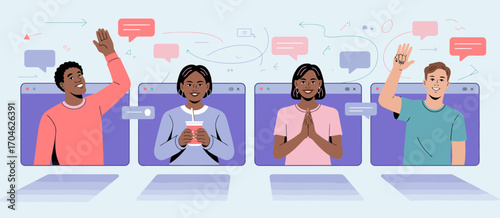 A vibrant depiction of diverse individuals participating in a virtual meeting via video conference, highlighting themes of connection, modern communication, and teamwork.