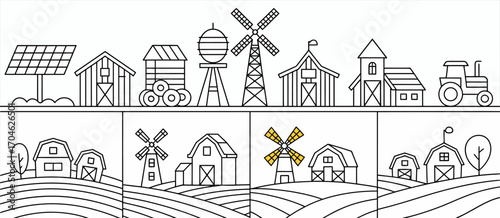 This modern art-inspired illustration features diverse farm buildings including barns and silos set against a scenic landscape, ideal for educational themes about agriculture and rural life.