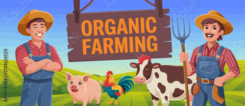 An appealing illustration of two joyful farmers surrounded by various livestock, emphasizing the essence of organic farming and a community-focused approach to agriculture.