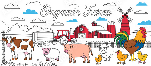 A lively scene featuring a cartoonish organic farm with cows, pigs, chickens, and a vibrant red barn, surrounded by blue skies and fluffy clouds that exude warmth and joy.