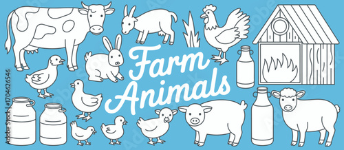 This endearing artwork showcases an assortment of adorable farm animals including cows, rabbits, and chickens, ideal for children's activities and learning about farm life.
