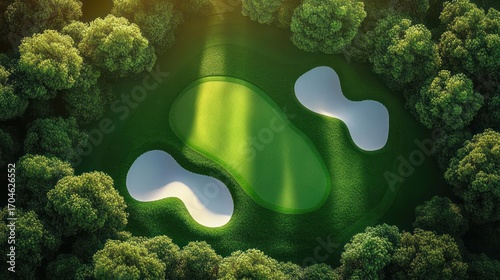 Fototapeta Naklejka Na Ścianę i Meble -  Aerial view of a golf green surrounded by sand bunkers and dense trees with sunlight casting shadows creating a serene peaceful atmosphere