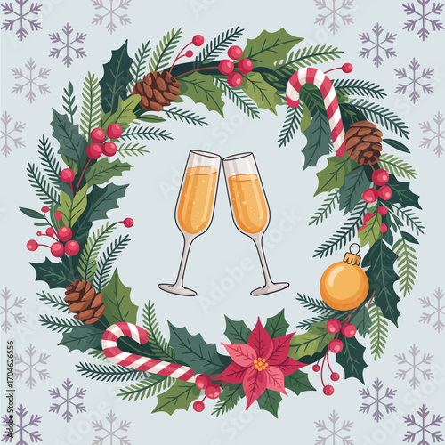 An elegantly designed festive wreath adorned with holiday elements, including cheerful champagne glasses, capturing the spirit of celebration and joy during the festive season.