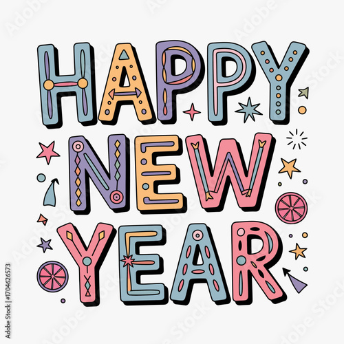 A vibrant and playful typography artwork that joyfully states 'Happy New Year', filled with lively colors and whimsical design elements celebrating the new year.