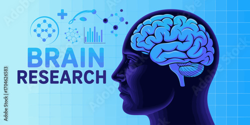 This image features a stylized profile view of a human head with a brain illustration, symbolizing scientific research and exploration in cognitive neuroscience and analytics.