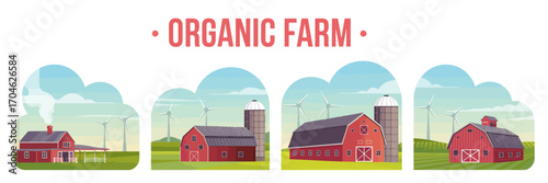 An artistic illustration showcasing a modern organic farm with two red barns, wind turbines, and a blue sky, representing fresh produce and sustainable living.