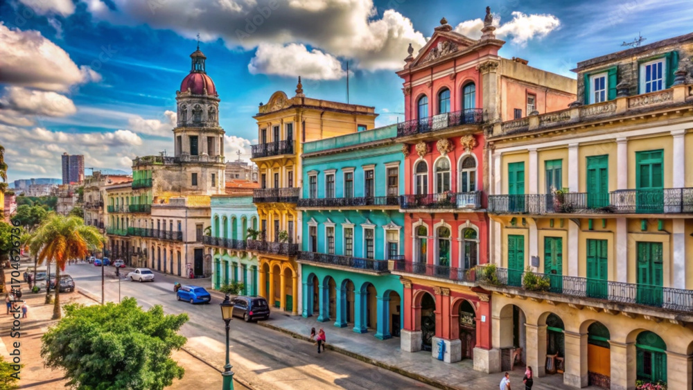 Naklejka premium colorful colonial buildings line vibrant street under blue sky