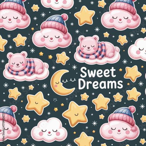 A whimsical pattern depicting sleeping bears and clouds, capturing the essence of sweet dreams and bedtime, ideal for children's products and cozy textiles.