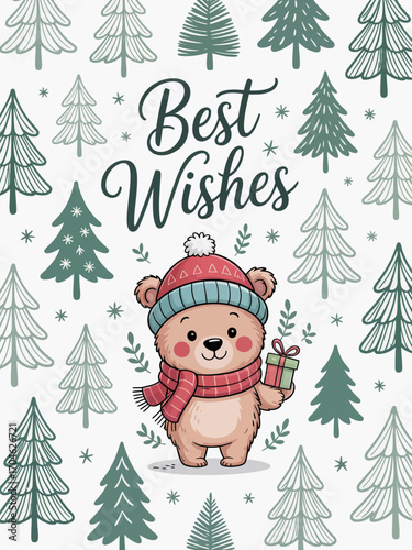 This adorable bear, wearing a cozy winter hat and scarf, holds a present amidst festive trees, perfect for spreading holiday greetings and warm wishes during the season.
