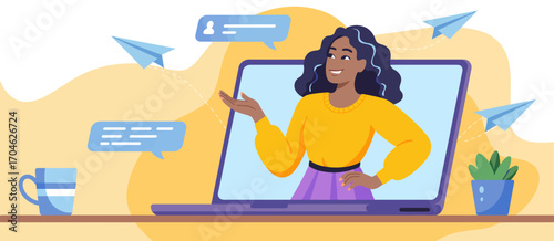 A lively video call showcasing a confident woman presenting ideas in front of a laptop, surrounded by symbols of messaging and engagement reflecting modern communication.
