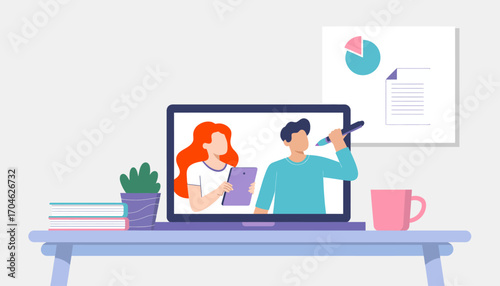 Two individuals participate in a lively online meeting, sharing insights and ideas through digital devices in a friendly and engaging workspace environment.