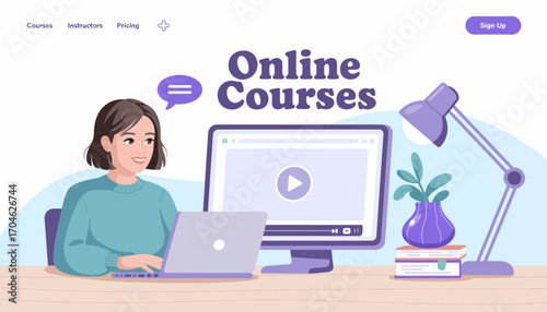 A cheerful girl is enjoying her online courses at her desk, showcasing vibrant educational material and emphasizing the engaging nature of modern learning experiences.