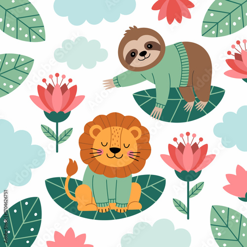 A whimsical illustration featuring a sloth and a lion amidst colorful flowers and leaves, evoking a sense of playfulness and charm in a serene nature setting.