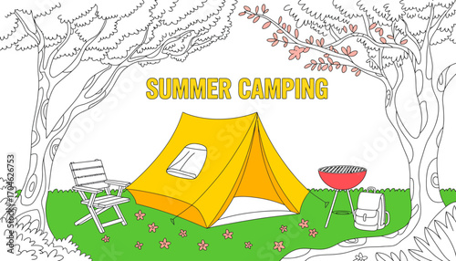 A colorful depiction of a camping scene featuring a bright tent, grill, and chair, surrounded by lush greenery and flowering trees, celebrating the joy of summer adventures.