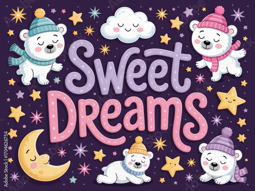 This whimsical image features cute polar bears wearing hats, surrounded by stars and clouds, evoking a cozy and dreamy atmosphere perfect for children’s décor.
