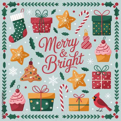 Celebrate the festive spirit with this delightful illustration featuring holiday gifts, treats, and decorations, creating a warm, cheerful environment for the season.