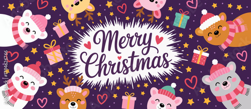 A playful and festive illustration featuring cute cartoon animals celebrating Christmas, complete with gifts and cheerful decorations, radiating joy and holiday spirit.