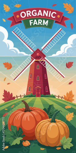 This engaging illustration captures an organic farm scene featuring plump pumpkins, a charming windmill, and a beautiful landscape filled with colorful foliage.
