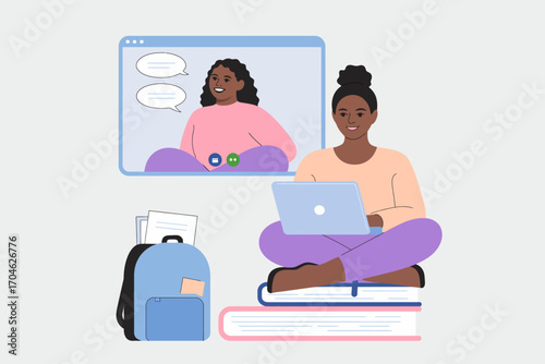 A young learner studies remotely with a laptop, interacting with a teacher through video chat, representing the modern-day education and its flexibility.
