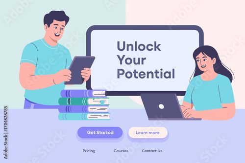 Showcasing an engaging digital learning environment, this image features two individuals using devices, highlighting modern education through technology and interactive experiences.