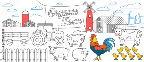 An engaging illustration of a tranquil organic farm featuring cows, sheep, a sturdy tractor, and a picturesque barn set under a blue sky, perfect for evoking nostalgia.