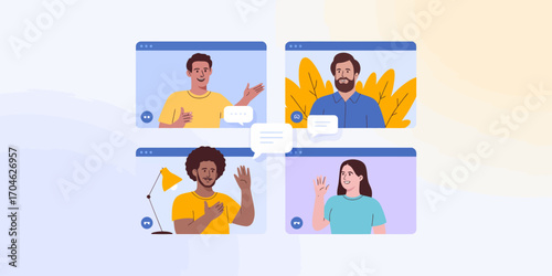 A vibrant illustration showing a diverse group of friends engaged in a video call, interacting joyfully with background foliage and a bright atmosphere.