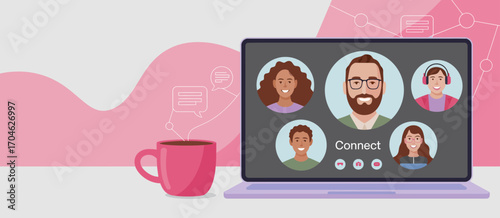 An animated representation of a professional video meeting between colleagues, highlighting communication and teamwork in a stylishly designed digital setup that encourages collaboration.